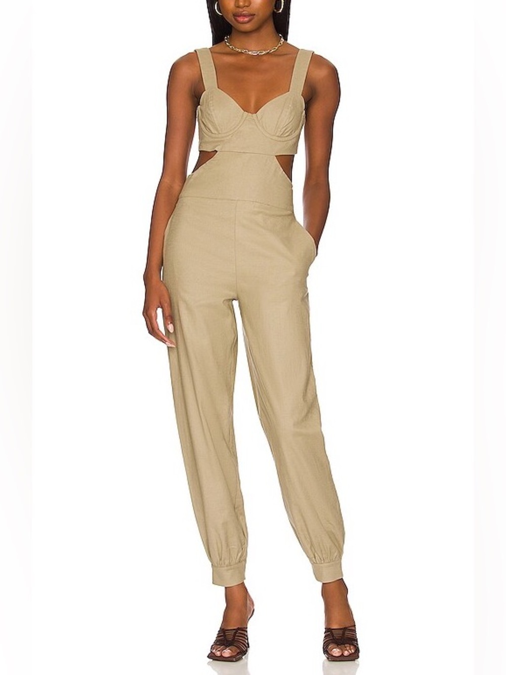 Majorelle Revolve Ameera Linen Cotton Structured Bodice Jumpsuit Taupe Green